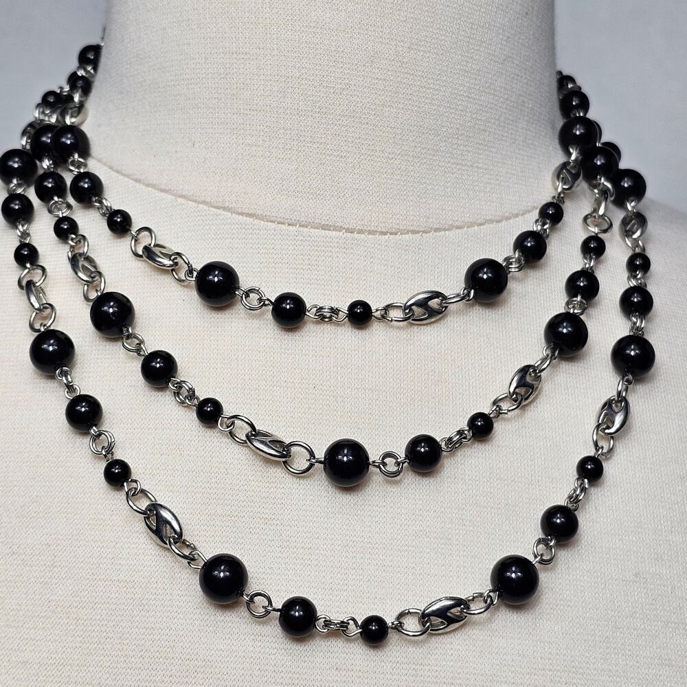 Long Endless Necklace Black Acrylic Bead Stations Silver Tone Long Multi-Way 50"